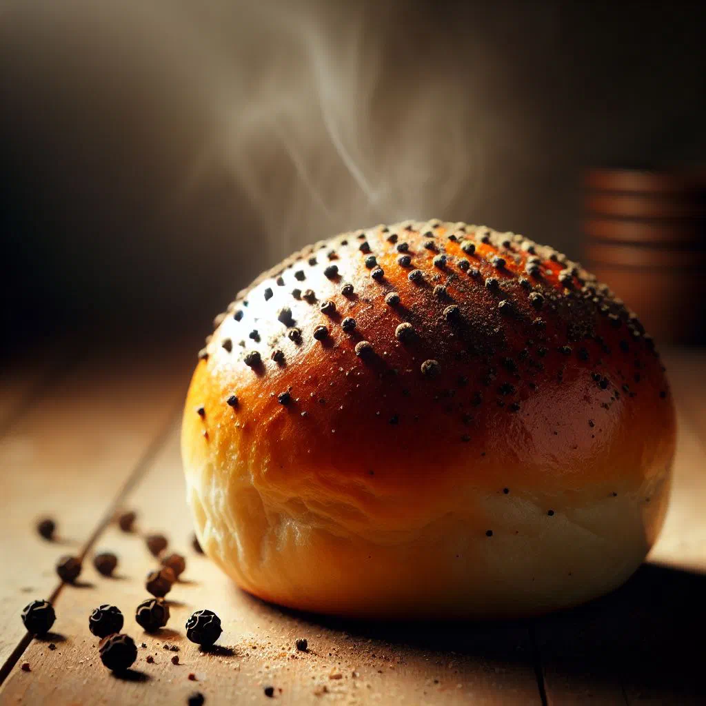 Golden black pepper buns filled with peppery pork, served hot
