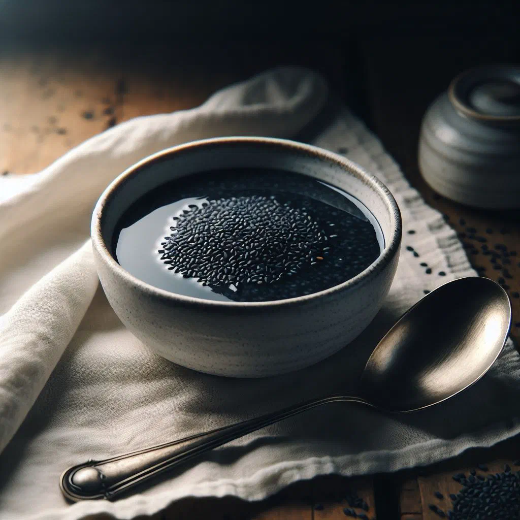 A bowl of smooth, glossy black sesame soup topped with a sprinkle of sesame seeds