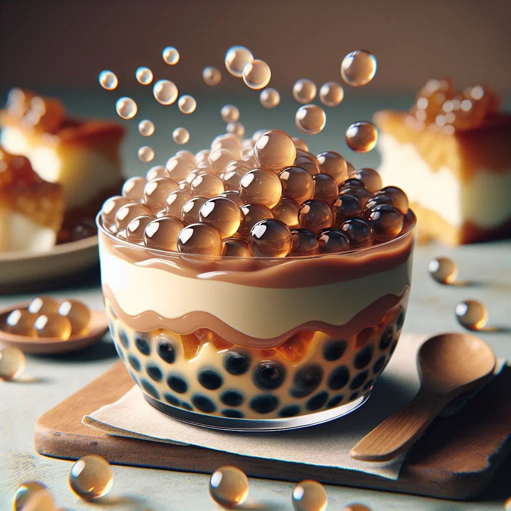 Creamy bubble tea pudding topped with tapioca pearls and fresh fruit