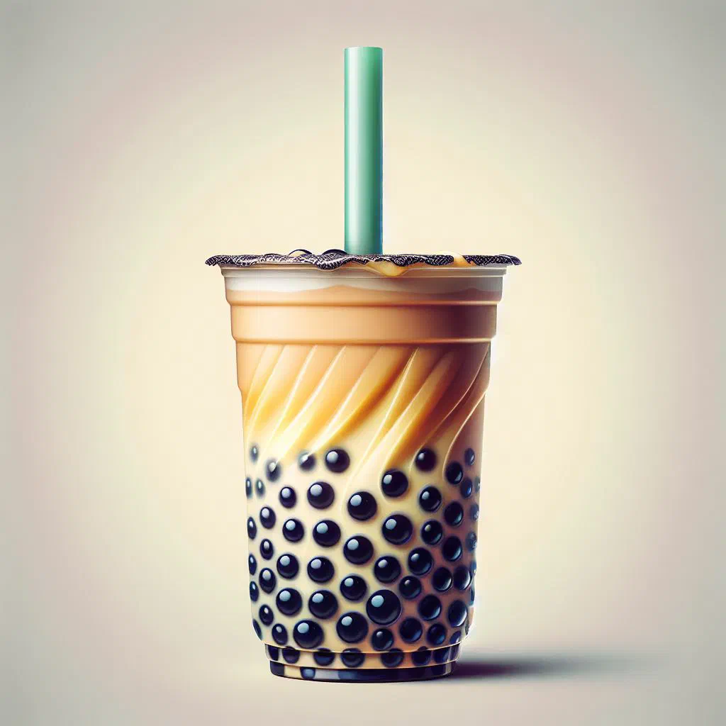 A tall glass of bubble tea with dark tapioca pearls and a wide straw