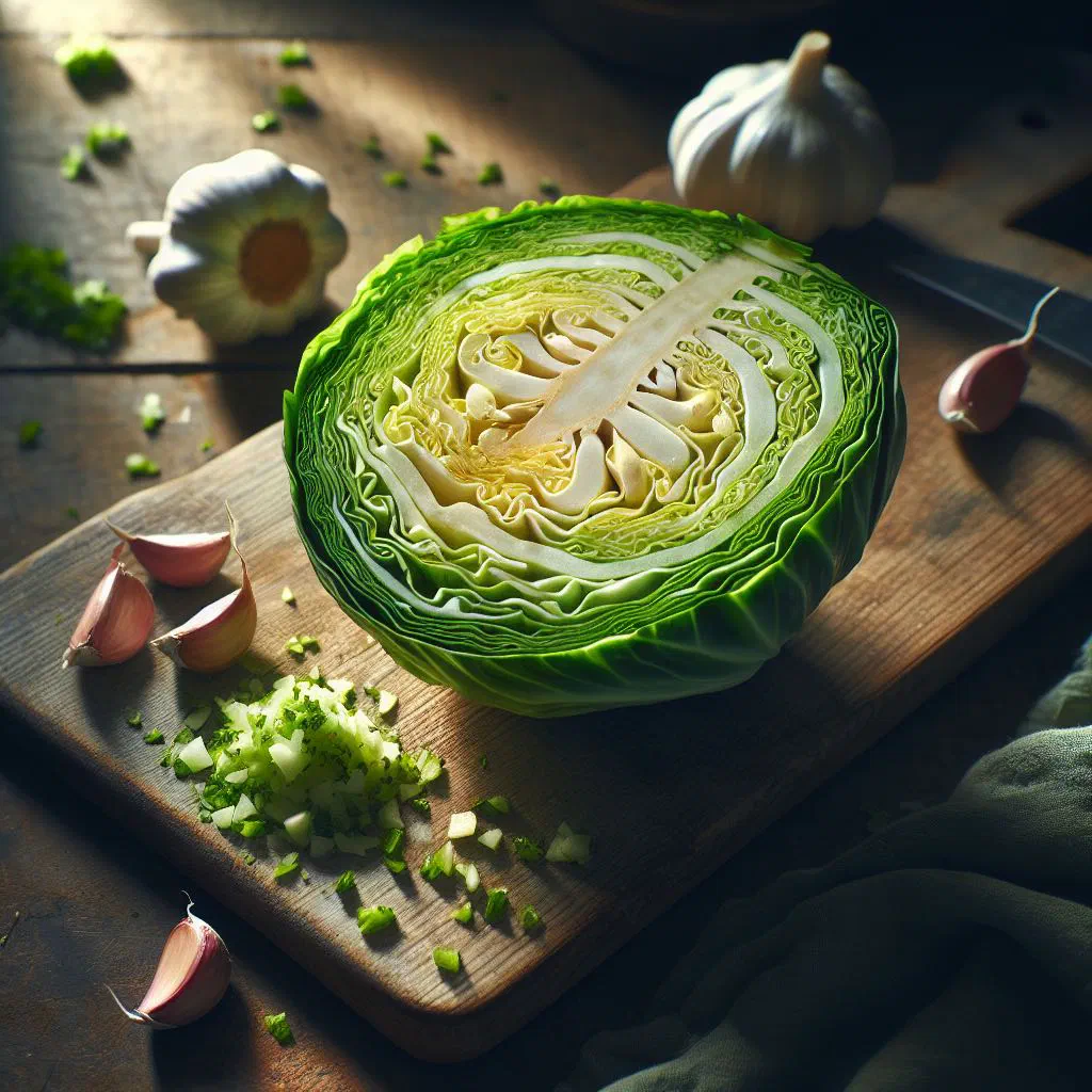 Stir-fried cabbage with golden garlic in a bowl