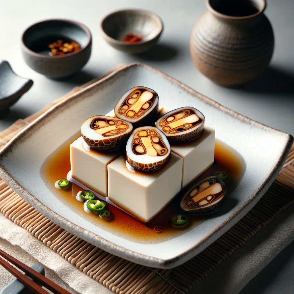 Silken tofu topped with sliced century eggs, spring onion and coriander