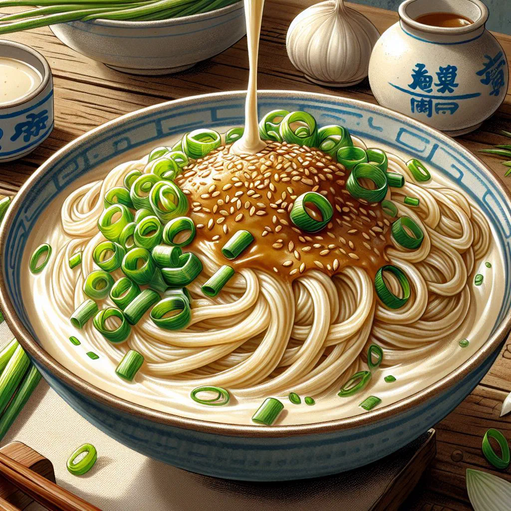 Cold wheat noodles tossed in sesame sauce with cucumber and carrot strips