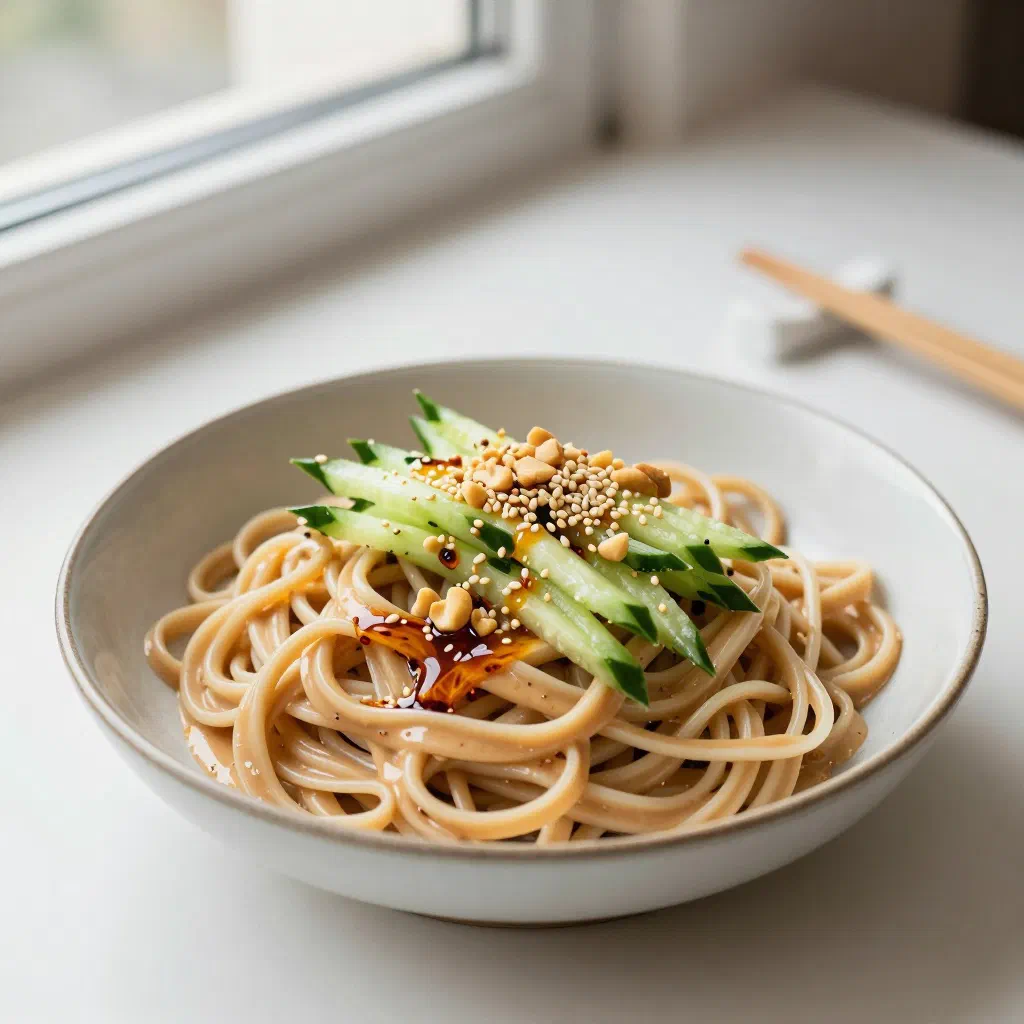 Cold wheat noodles tossed in sesame sauce with cucumber and carrot strips