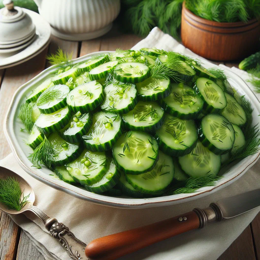 Sliced cucumber salad tossed with garlic, chilli and toasted sesame