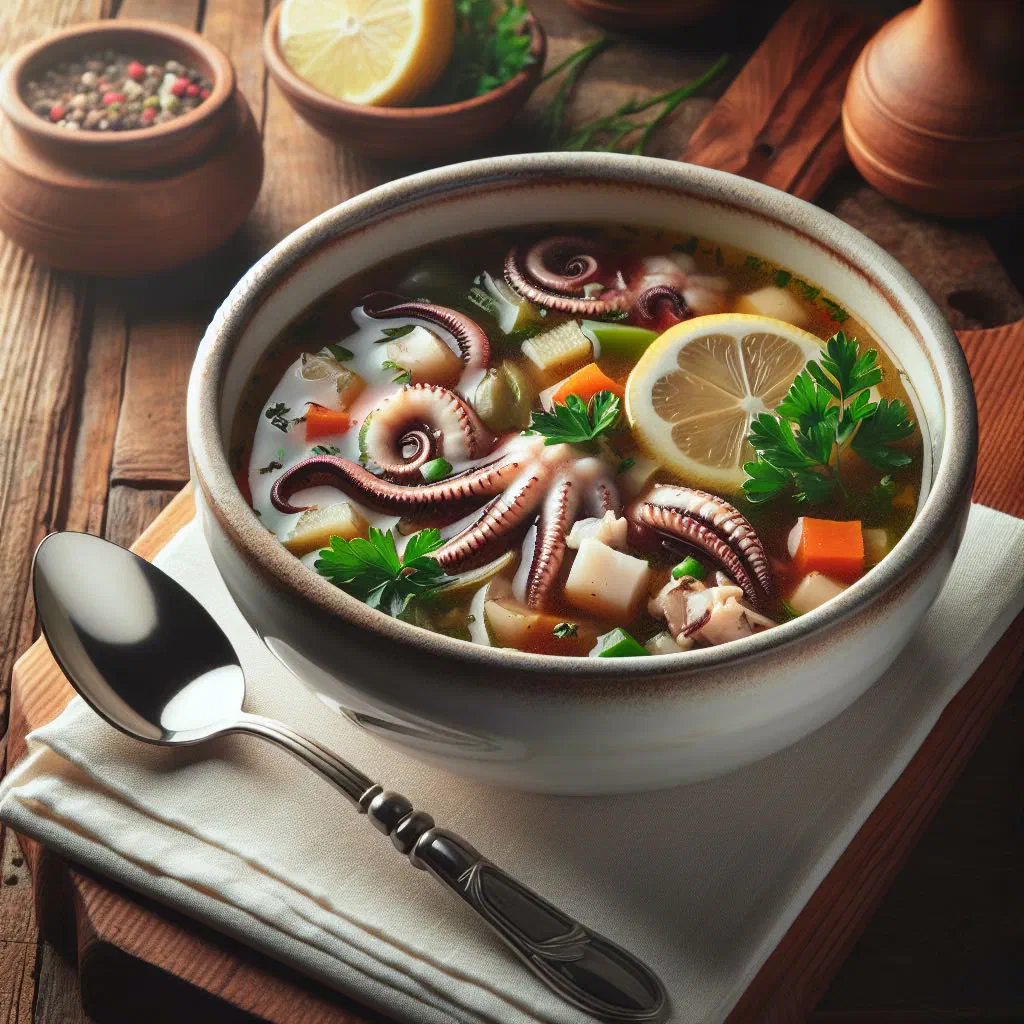 Bowl of thick Taiwanese cuttlefish soup garnished with fresh coriander