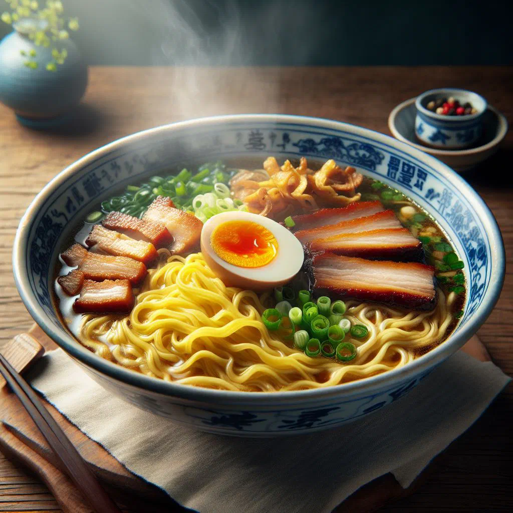A bowl of Danzai noodles in broth topped with minced pork, spring onion and coriander