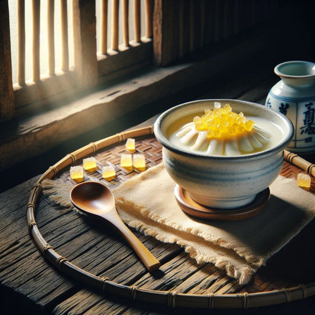A bowl of silky douhua soybean pudding topped with sweet syrup