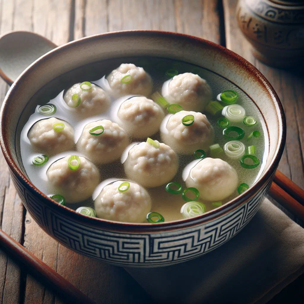 Bowl of Taiwanese fish ball soup with vegetables and spring onions