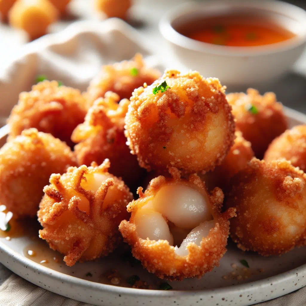 Golden deep-fried cuttlefish balls piled on a plate with a dipping sauce