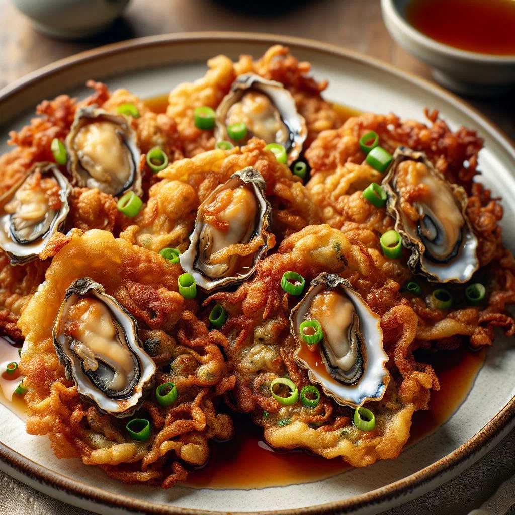 Golden fried oyster pancakes with fresh oysters and vegetables