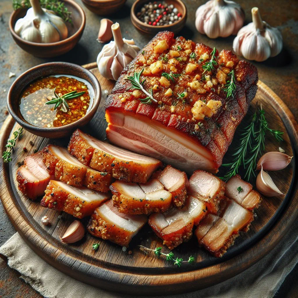 Golden, crispy garlic pork belly pieces garnished with fresh coriander