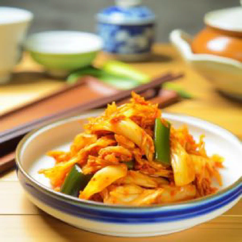 A jar of golden kimchi with chinese cabbage, carrot and chilli