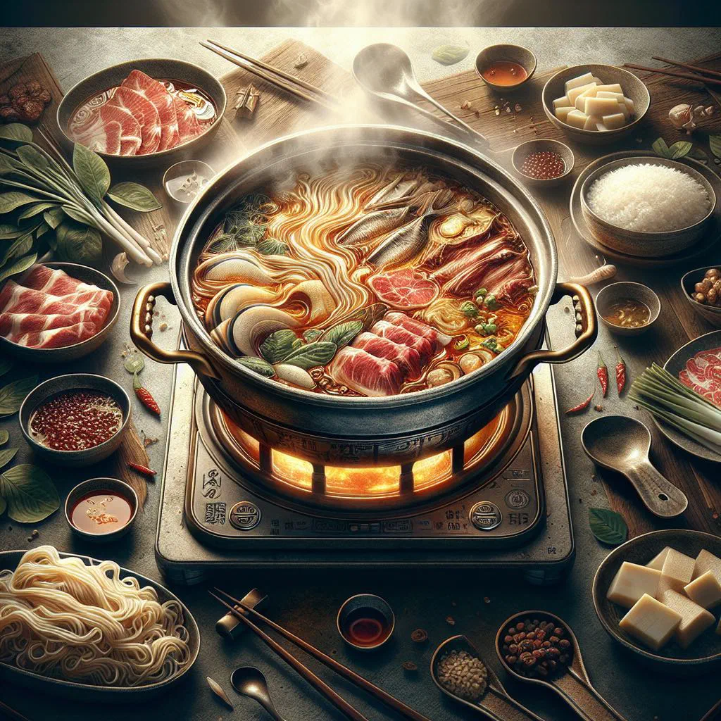Taiwanese hot pot with simmering broth, thinly sliced beef, tofu and fresh vegetables