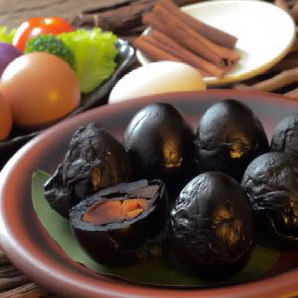 Dark, glossy Taiwanese iron eggs in a bowl with a soy marinade