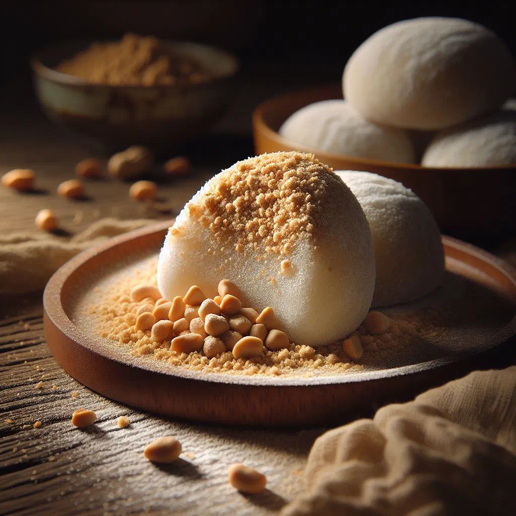 Soft mochi balls dusted with roasted peanut powder on a white plate