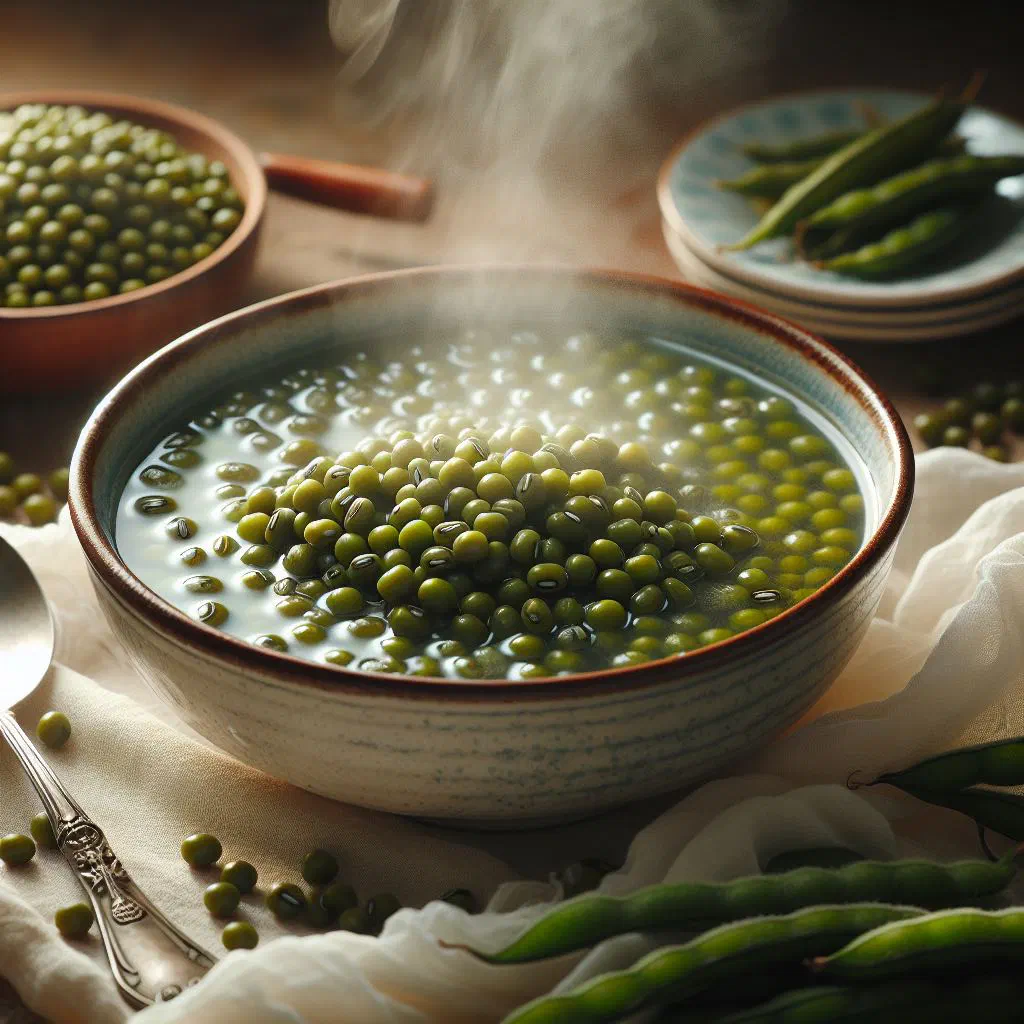 Bowl of sweet Taiwanese mung bean soup topped with coconut