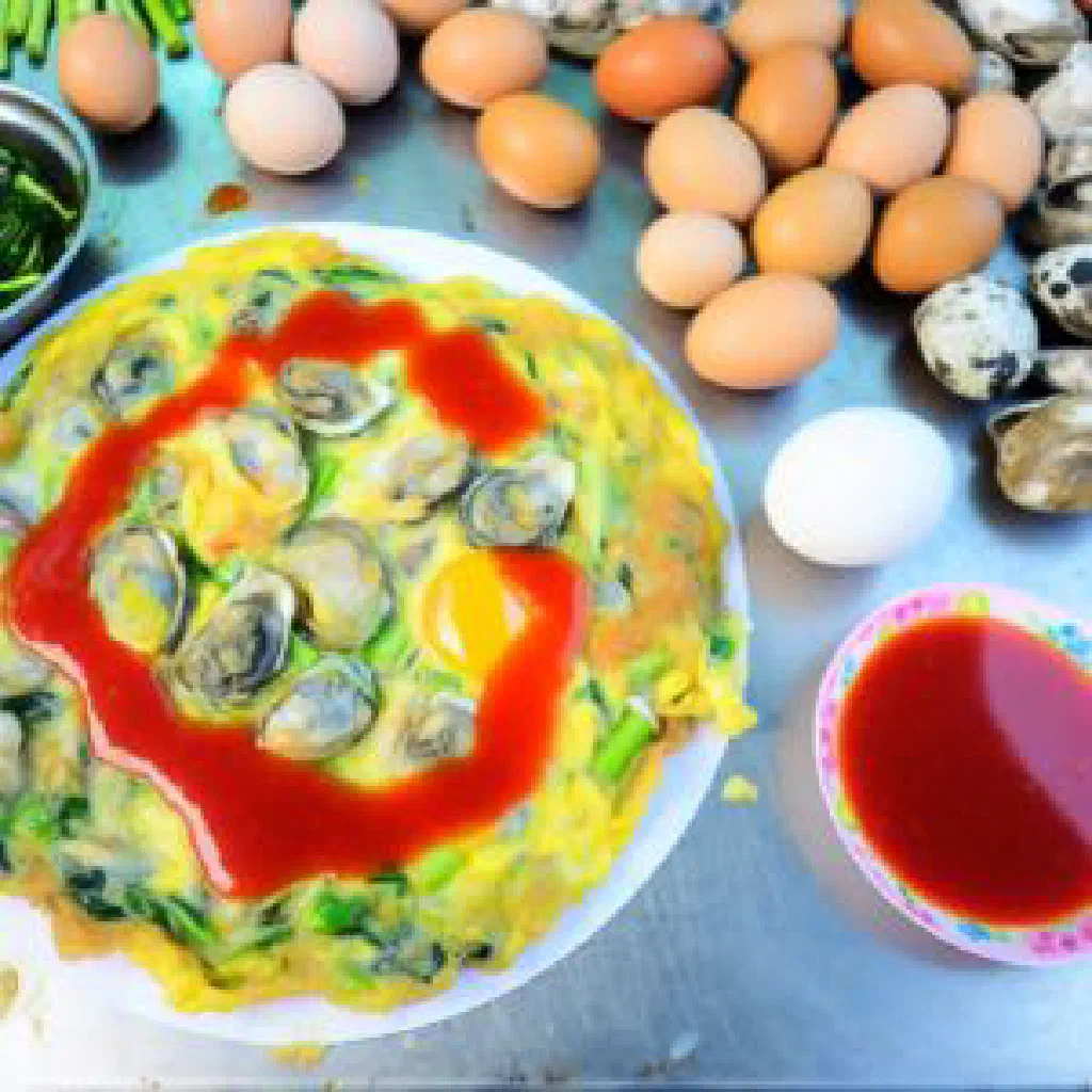 Taiwanese O-A-Tsian oyster and egg dish garnished with fresh herbs