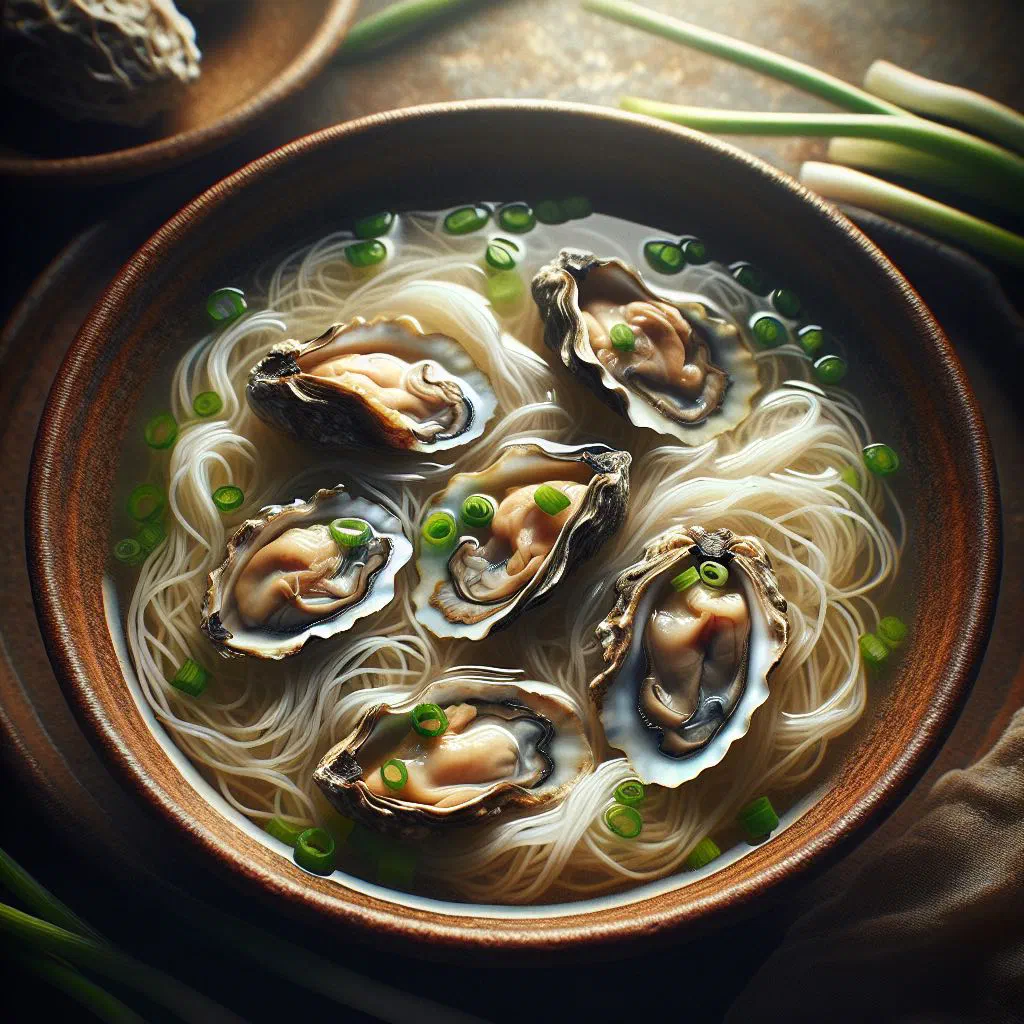 Bowl of oyster vermicelli with plump oysters in a fragrant broth