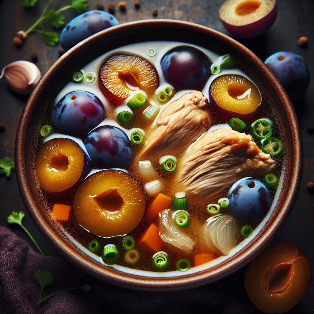 Bowl of plum chicken soup with tender chicken, dried plums and fresh coriander