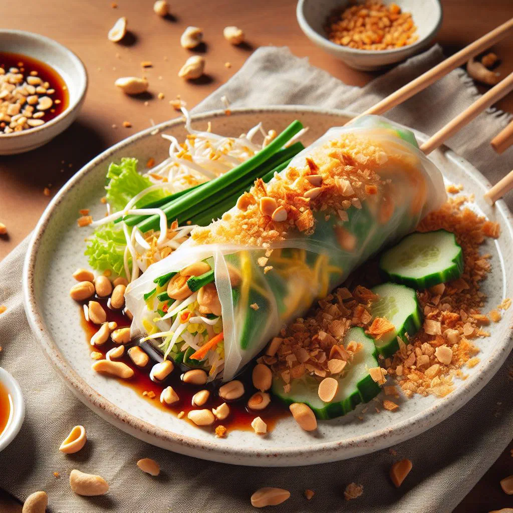 Fresh popiah rolls filled with vegetables and herbs on a plate