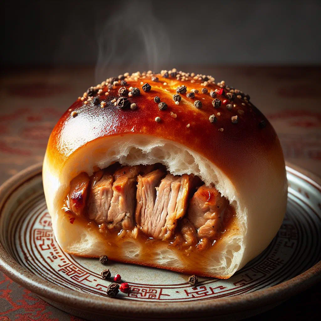 Golden pork pepper buns fresh from the pan, garnished with sesame
