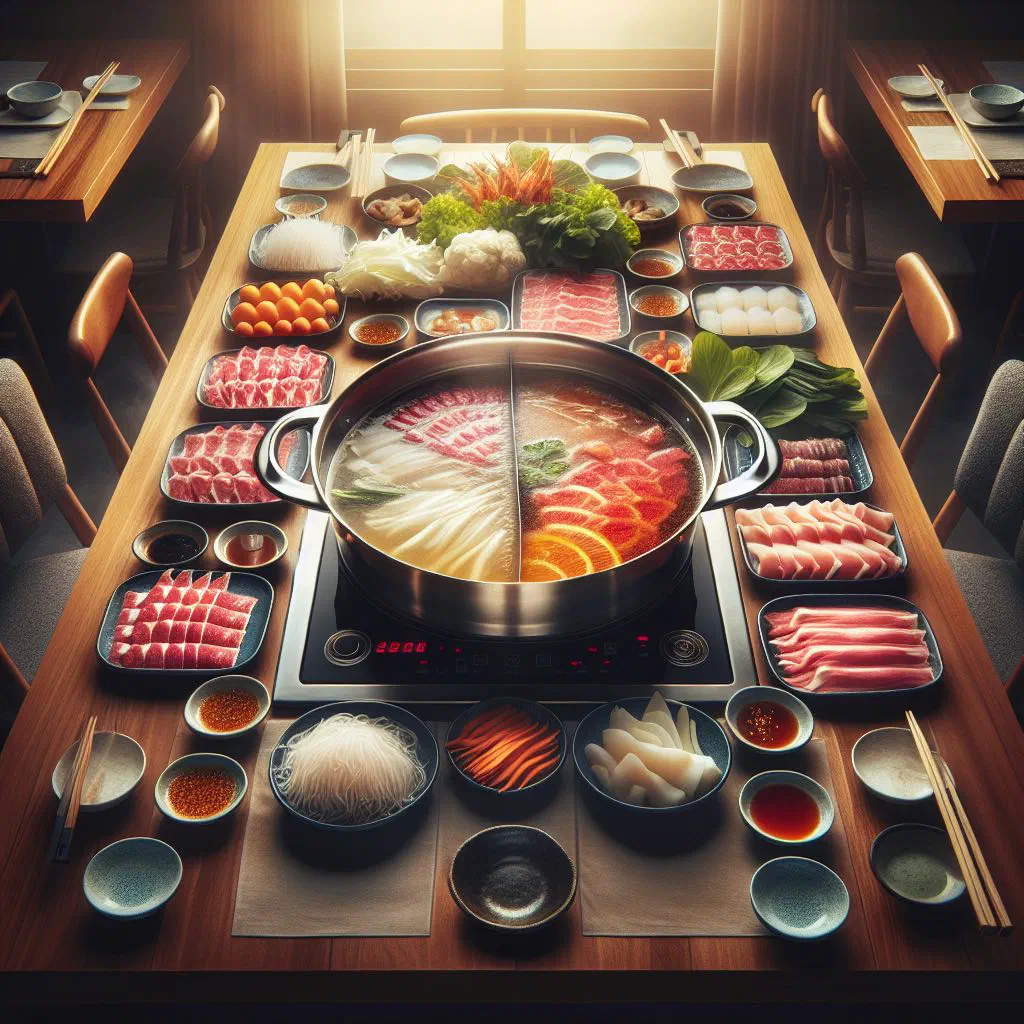 Bubbling sacha hot pot surrounded by fresh meat, seafood and vegetables