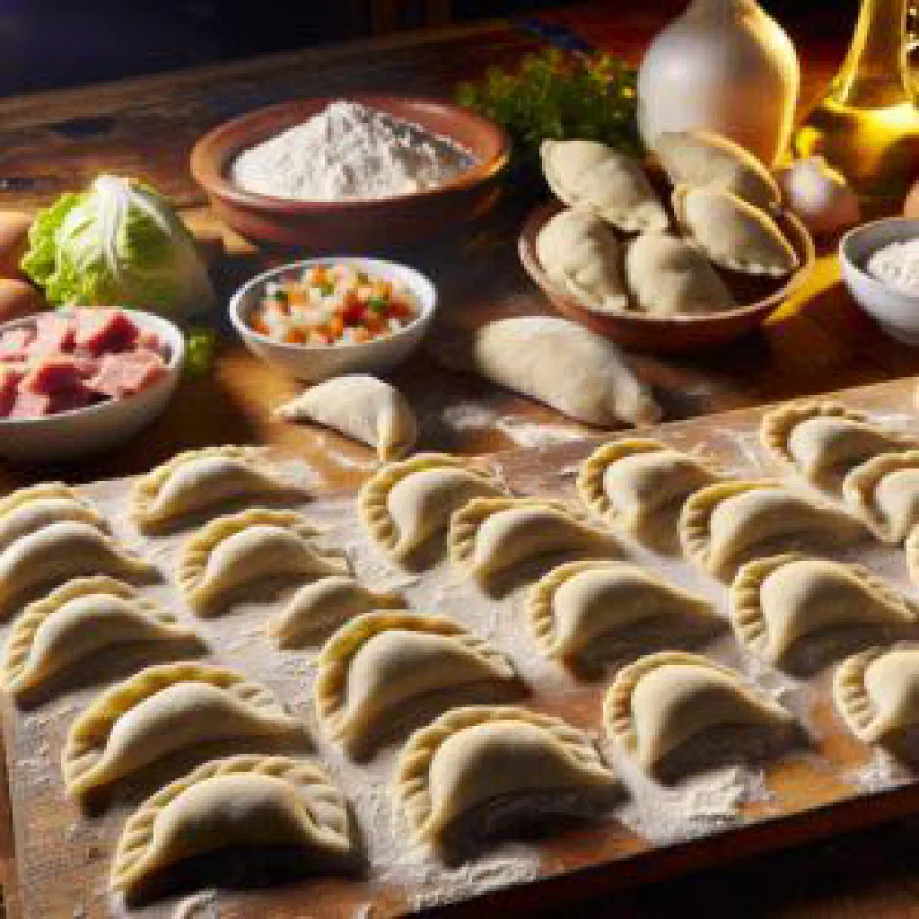 Golden baked savoury pies filled with meat and vegetables on a wooden board