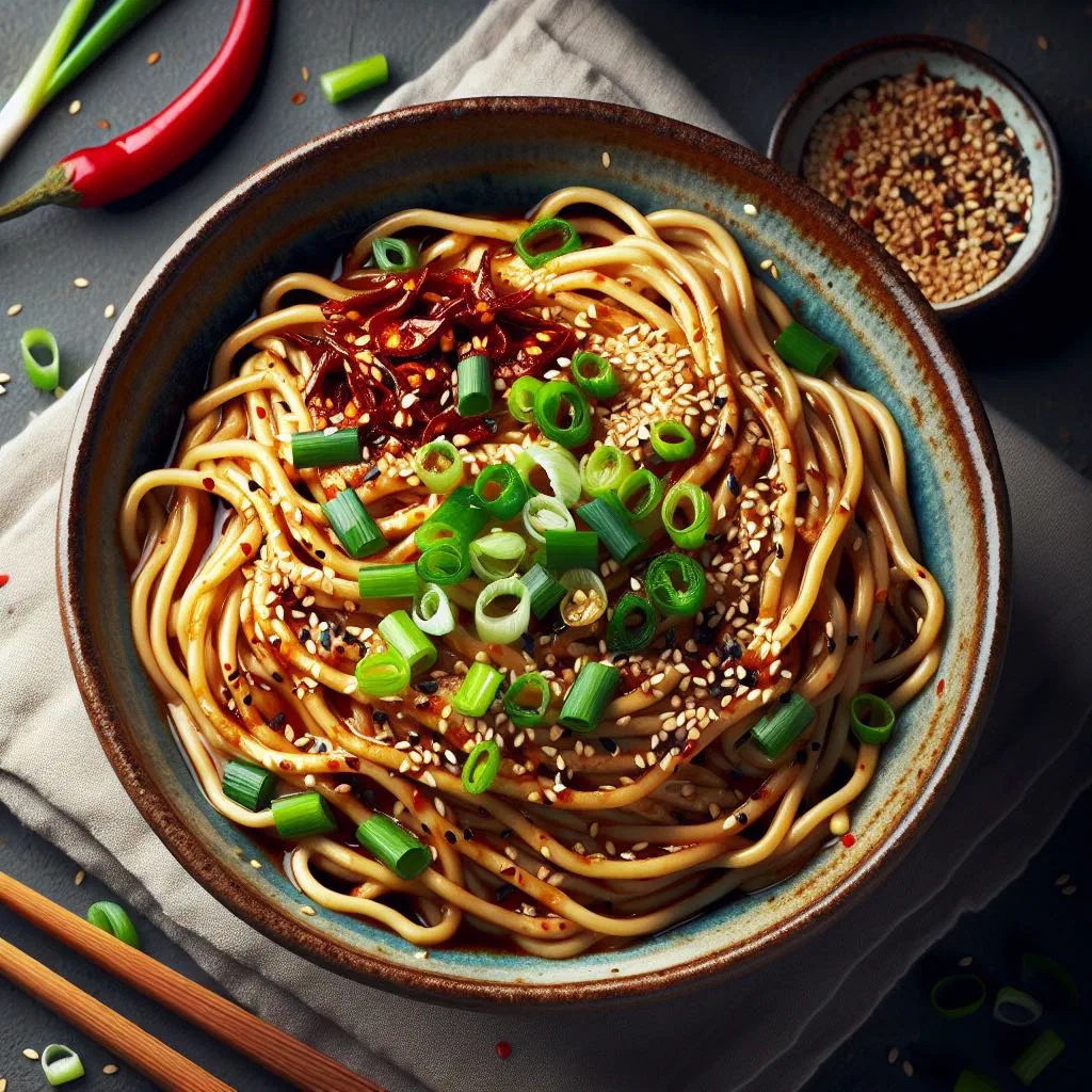 Bowl of sesame noodles tossed in tahini sauce with fresh vegetables and herbs