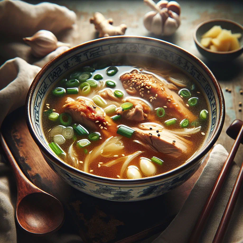 Bowl of Taiwanese sesame oil chicken soup with ginger and spring onion