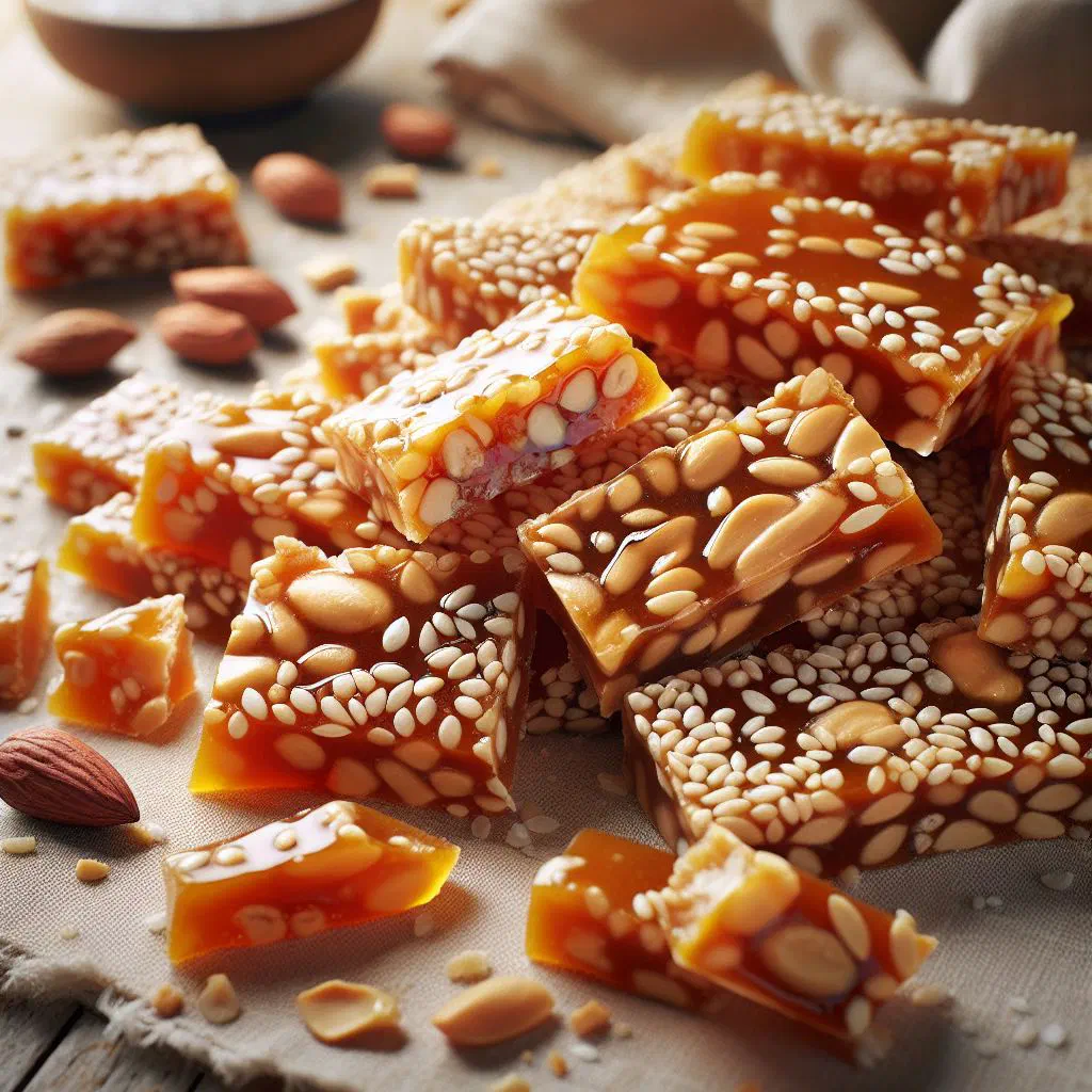 Golden sesame peanut brittle broken into pieces on parchment