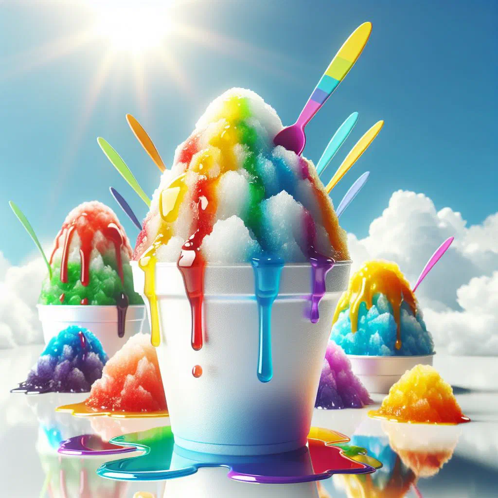 Mound of shaved ice topped with fresh fruit, sweet beans and condensed milk