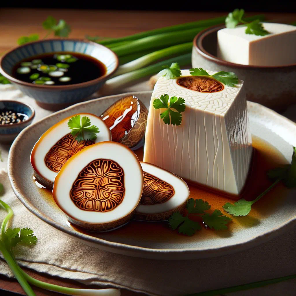 Chilled silken tofu topped with quartered century eggs, soy sauce and spring onions