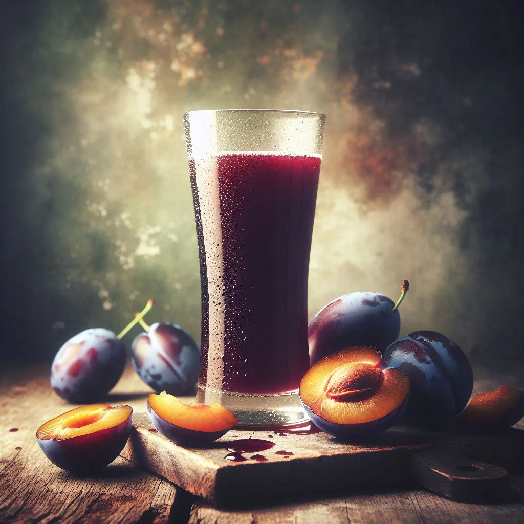 A tall glass of dark ruby sour plum juice with ice and fresh mint