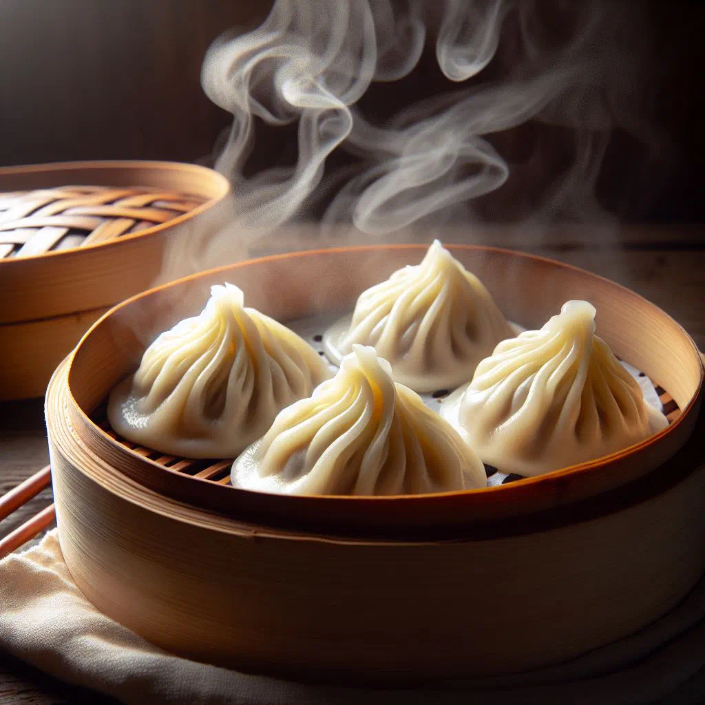 Fluffy steamed dumplings in a bamboo steamer with a dipping sauce