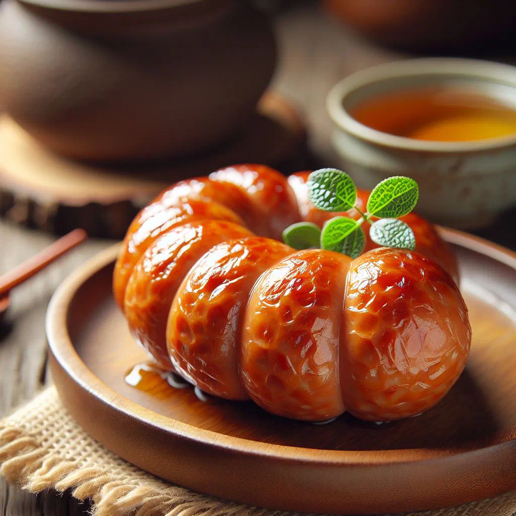 Grilled sticky rice sausages wrapped in banana leaf on a plate