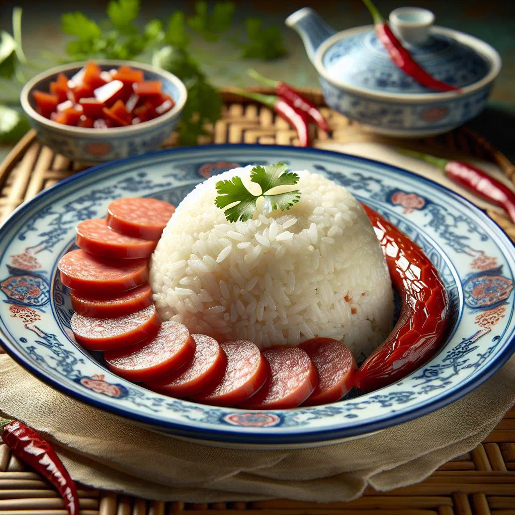 Steamed glutinous rice topped with sliced Chinese sausage and shiitake mushrooms