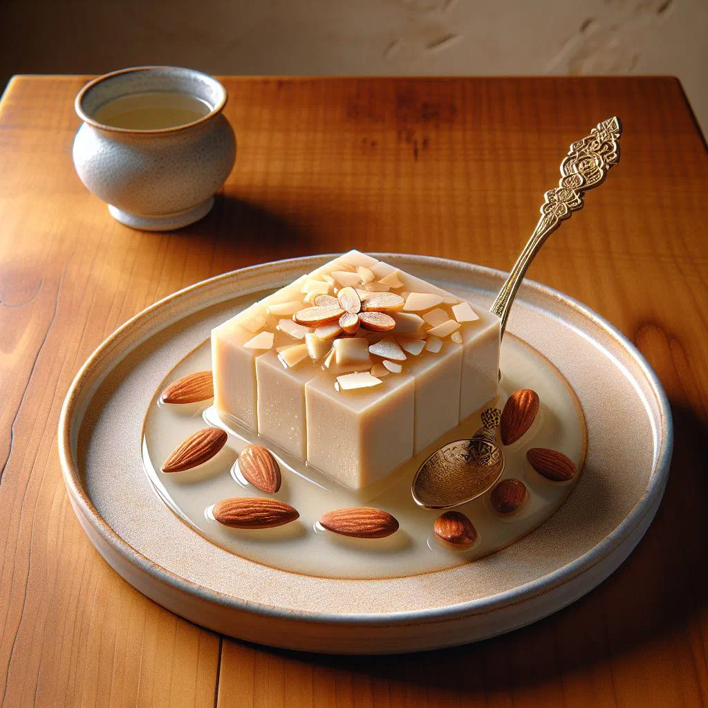 Silky sweet almond tofu cubes served with fresh fruit and syrup