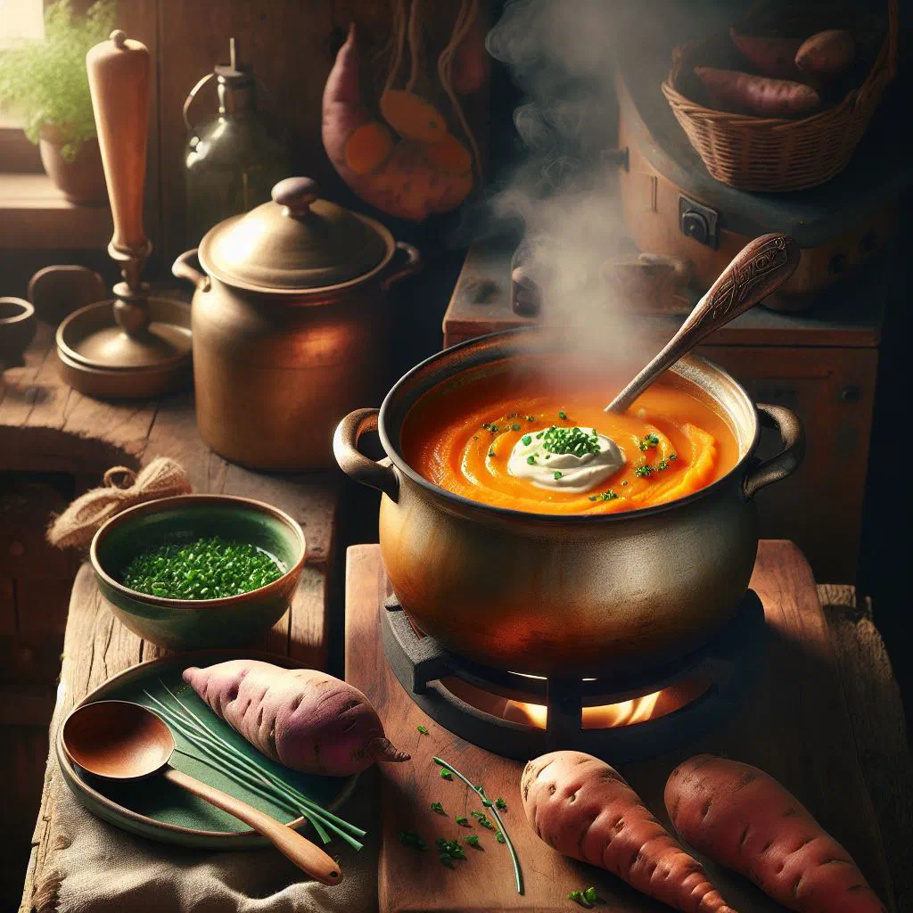 A bowl of creamy Taiwanese sweet potato soup garnished with fresh herbs
