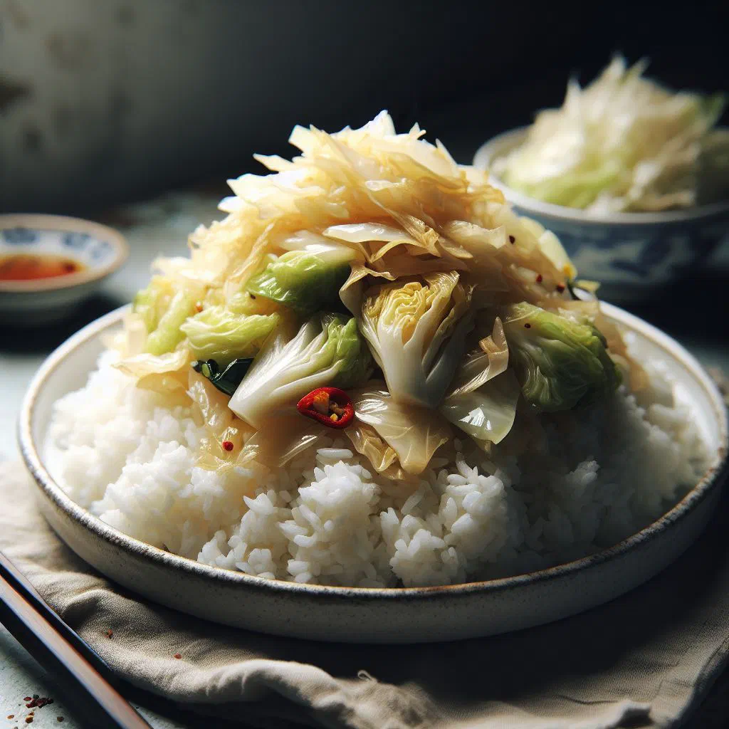 Bowl of Taiwanese cabbage rice topped with chopped spring onions