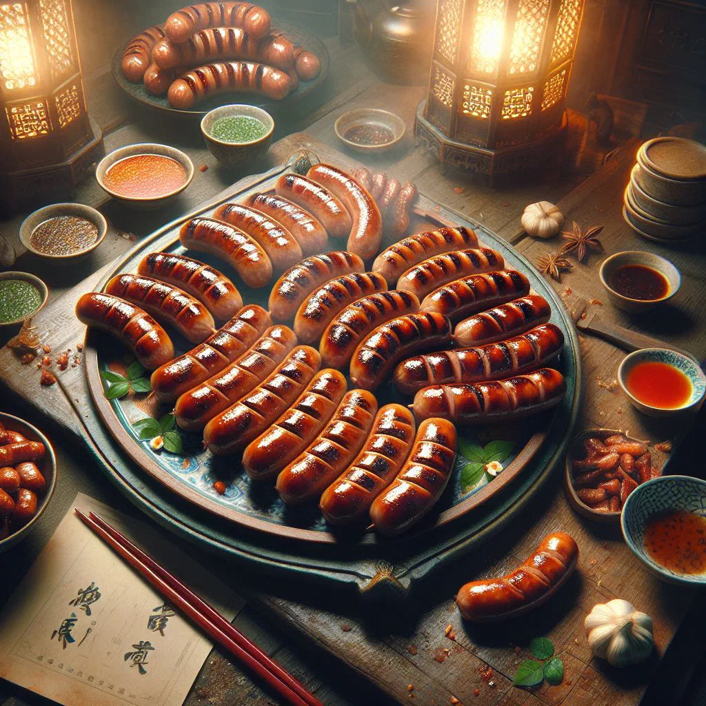 Grilled Taiwanese pork sausages sliced and served on a plate