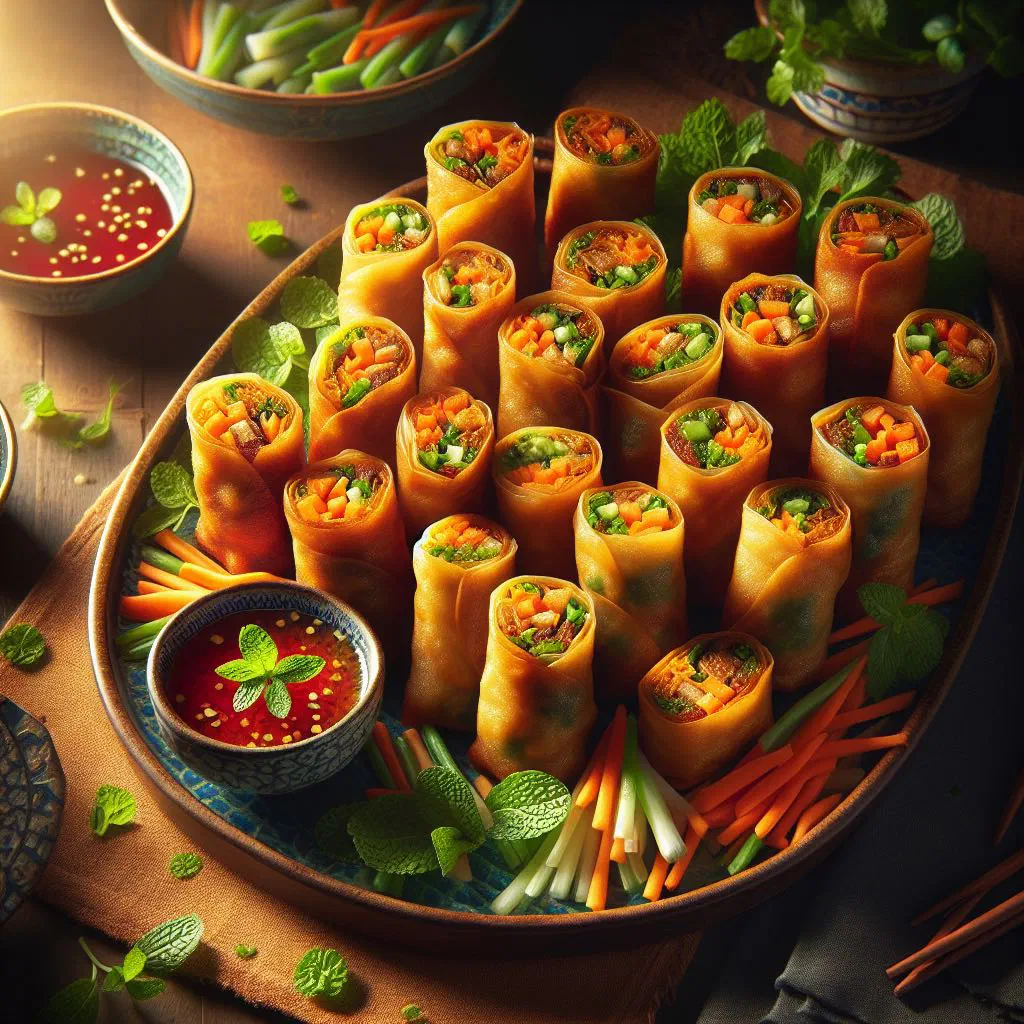 Golden Taiwanese spring rolls filled with fresh vegetables and herbs