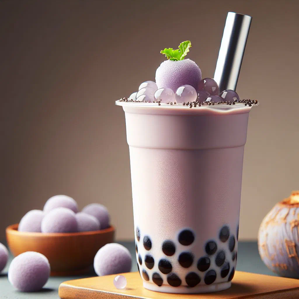 A tall glass of pale purple taro milk tea over ice