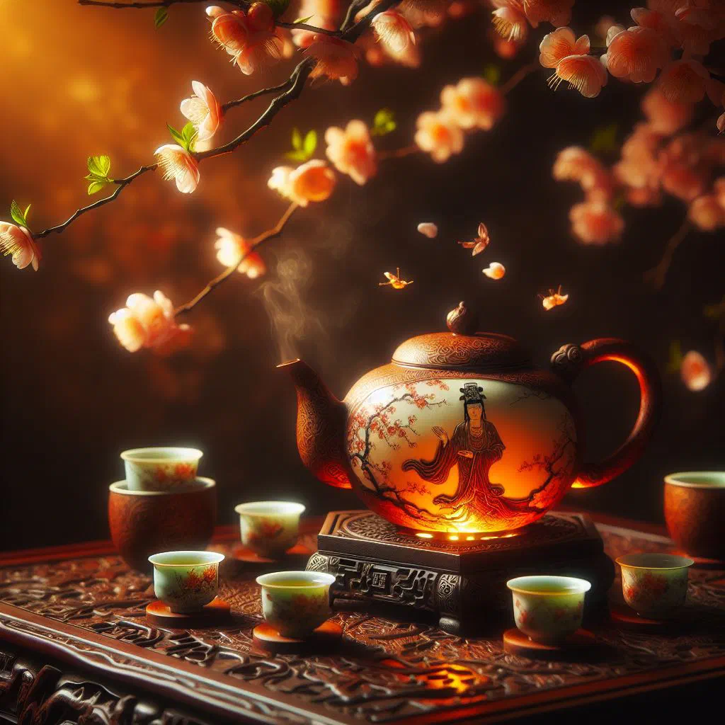 A cup of golden Tieguanyin oolong tea beside a small teapot and loose leaves