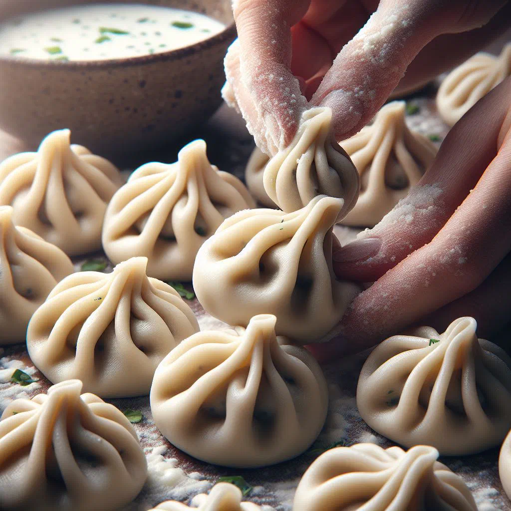 Small chuchvara dumplings served in a clear broth with fresh herbs