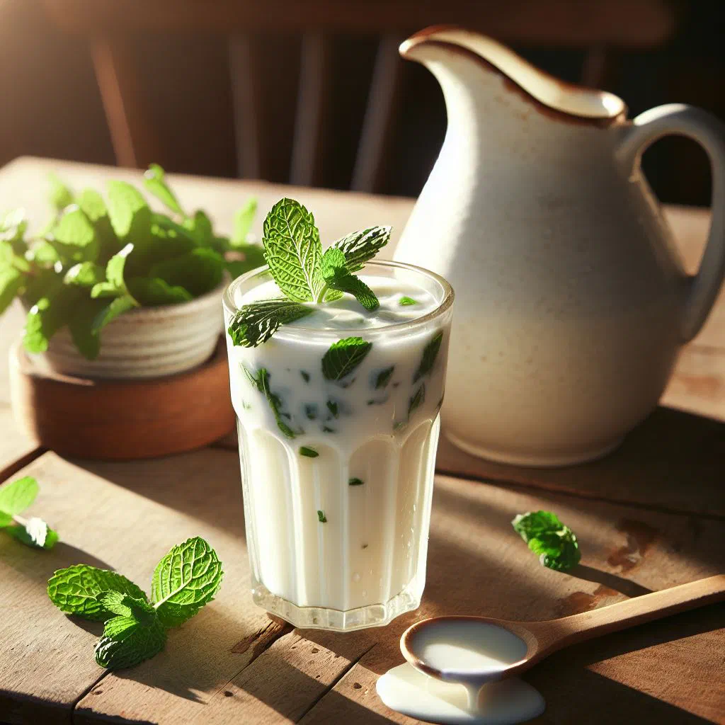 Chilled glass of doogh yoghurt drink garnished with fresh mint