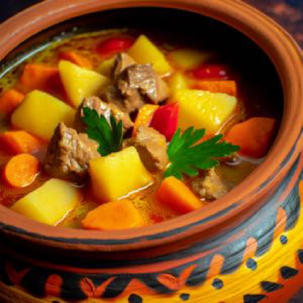 Gijda with tender lamb, potatoes and carrots garnished with fresh coriander