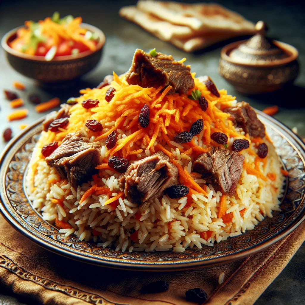 Kabuli pulao with lamb, raisins and shredded carrots on a serving platter
