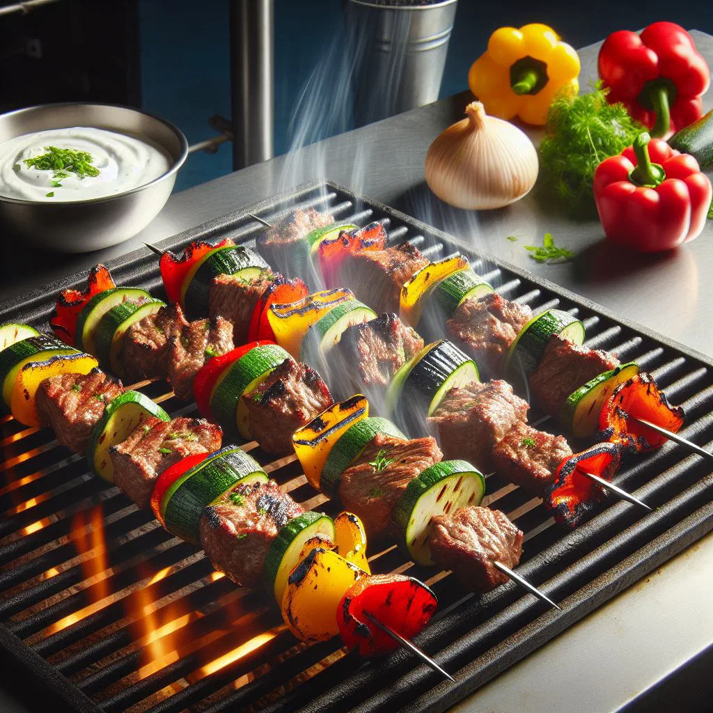 Grilled Tajik lamb kebab skewers with onions and fresh herbs