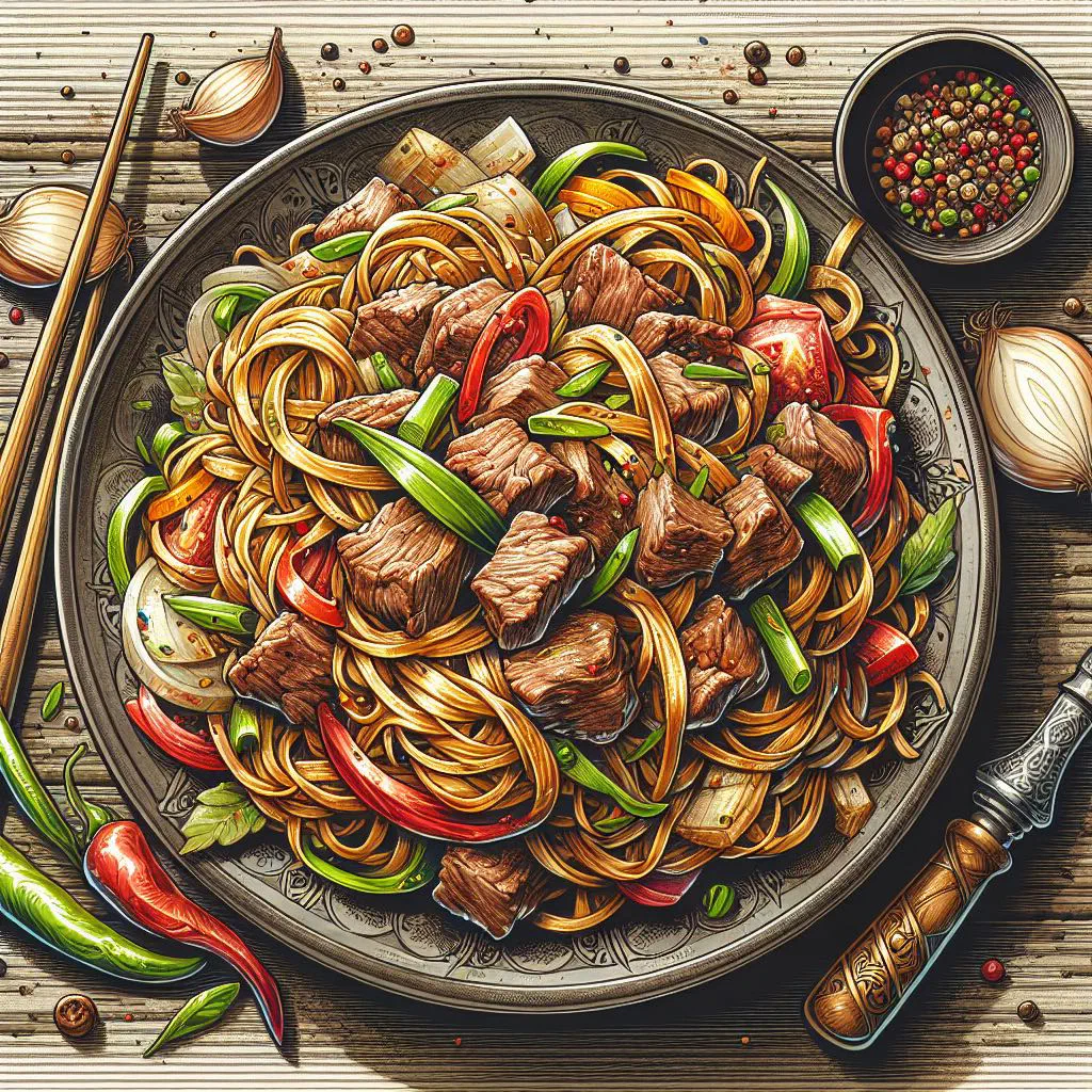 Bowl of kovurma lagman noodles with meat, vegetables and fresh herbs